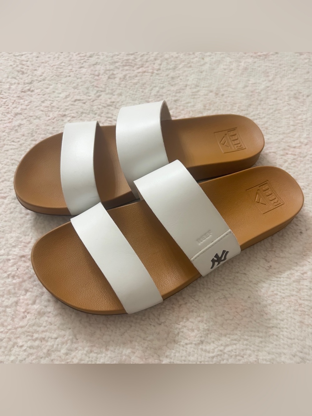 Reef White Double-strap Slide Sandals with Tan Footbed